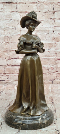 Victorian Era Woman in Hat Bronze Metal Statue Sculpture Art Deco Sculpture