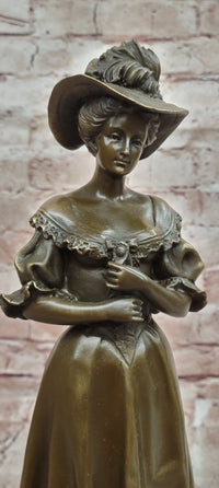 Victorian Era Woman in Hat Bronze Metal Statue Sculpture Art Deco Sculpture