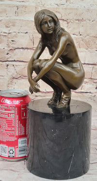 Nude Crouching Sexy Girl Hot Cast Bronze Sculpture by Milo on Marble Base