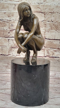 Nude Crouching Sexy Girl Hot Cast Bronze Sculpture by Milo on Marble Base