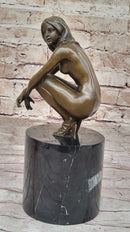 Nude Crouching Sexy Girl Hot Cast Bronze Sculpture by Milo on Marble Base