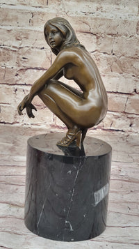 Nude Crouching Sexy Girl Hot Cast Bronze Sculpture by Milo on Marble Base