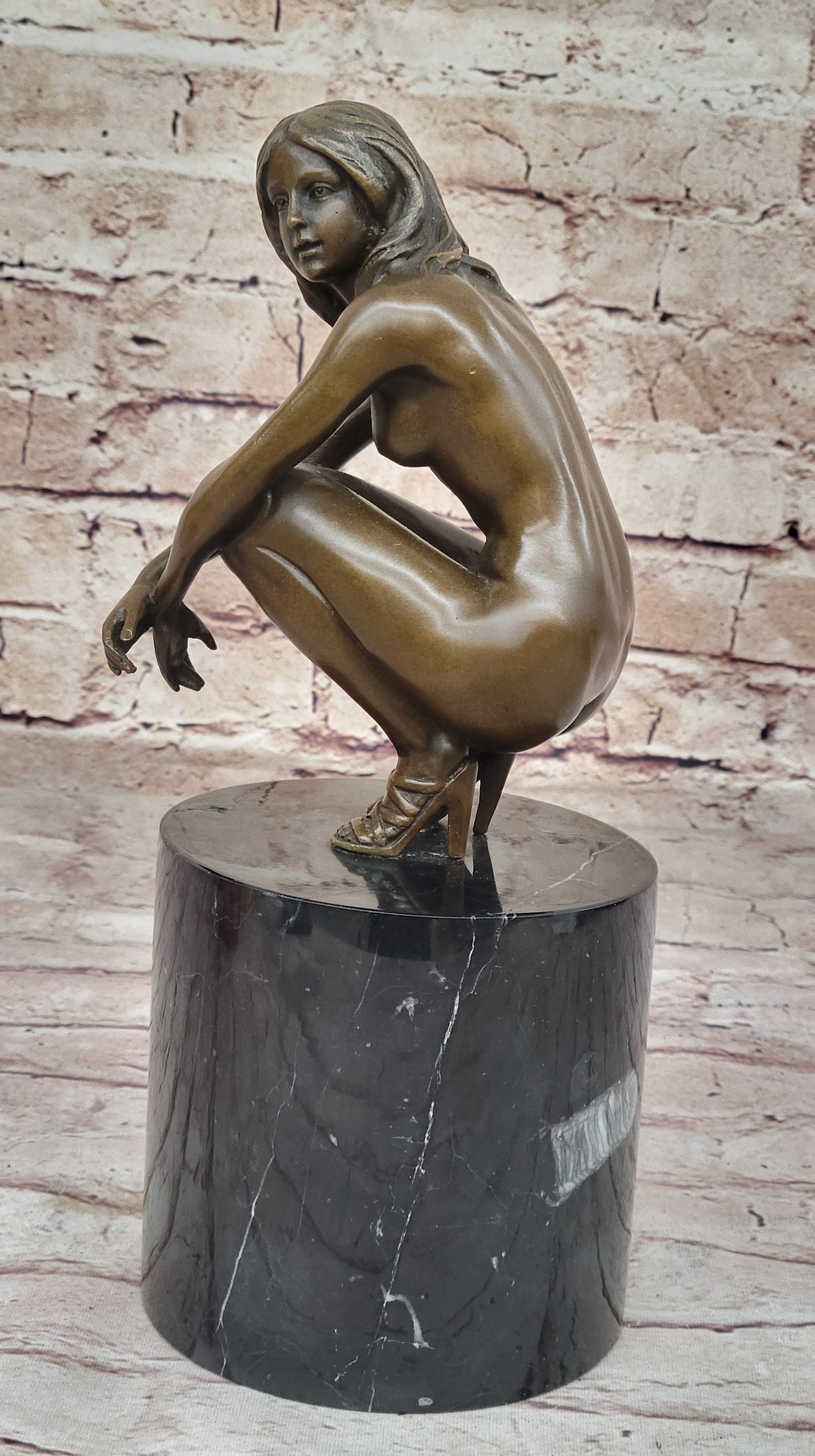 Nude Crouching Sexy Girl Hot Cast Bronze Sculpture by Milo on Marble Base