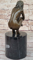 Nude Crouching Sexy Girl Hot Cast Bronze Sculpture by Milo on Marble Base