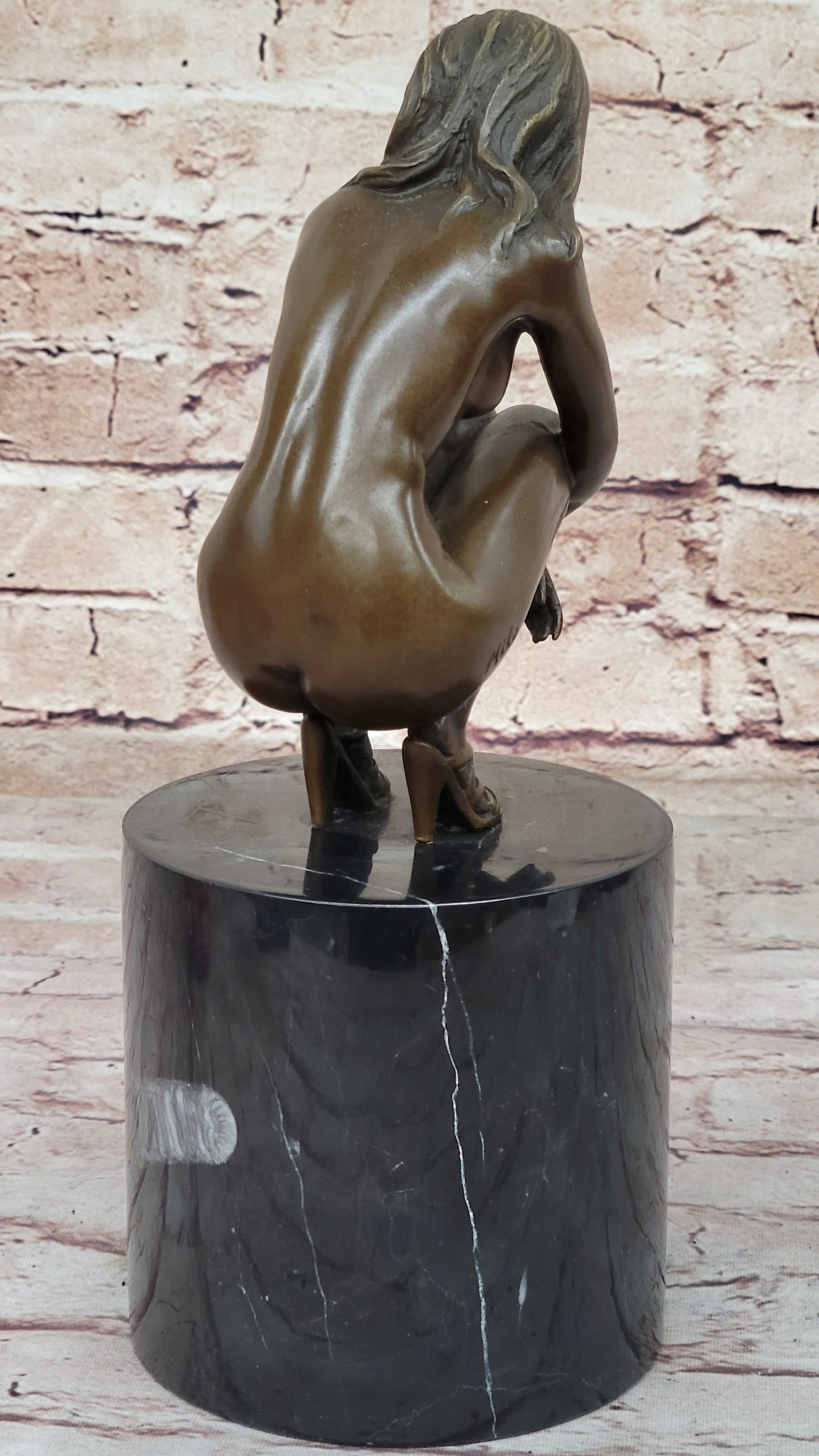 Nude Crouching Sexy Girl Hot Cast Bronze Sculpture by Milo on Marble Base