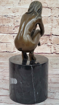 Nude Crouching Sexy Girl Hot Cast Bronze Sculpture by Milo on Marble Base