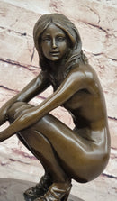 Nude Crouching Sexy Girl Hot Cast Bronze Sculpture by Milo on Marble Base
