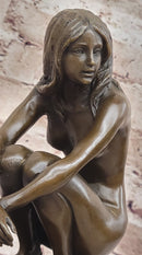 Nude Crouching Sexy Girl Hot Cast Bronze Sculpture by Milo on Marble Base