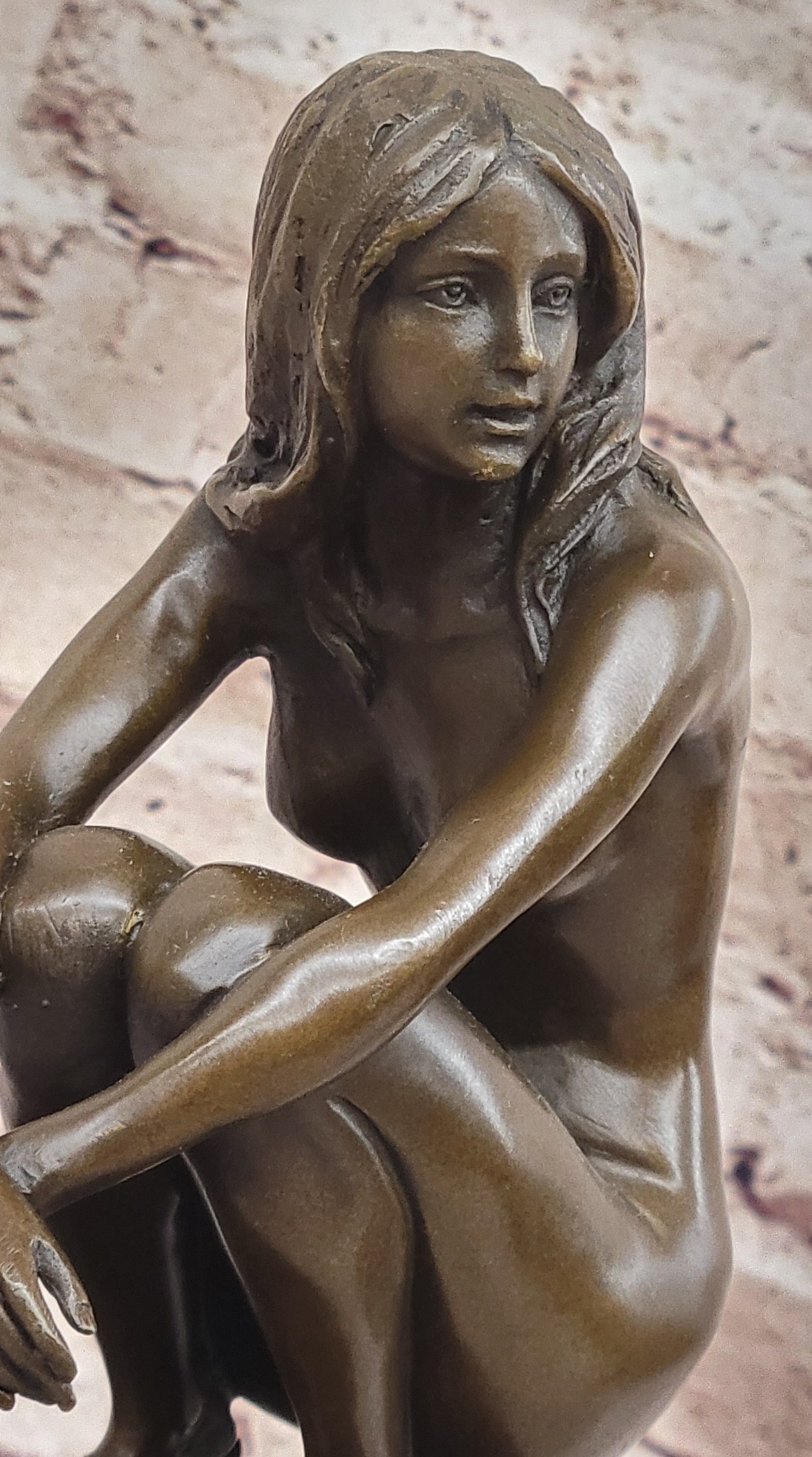 Nude Crouching Sexy Girl Hot Cast Bronze Sculpture by Milo on Marble Base