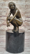 Nude Crouching Sexy Girl Hot Cast Bronze Sculpture by Milo on Marble Base