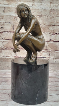 Nude Crouching Sexy Girl Hot Cast Bronze Sculpture by Milo on Marble Base
