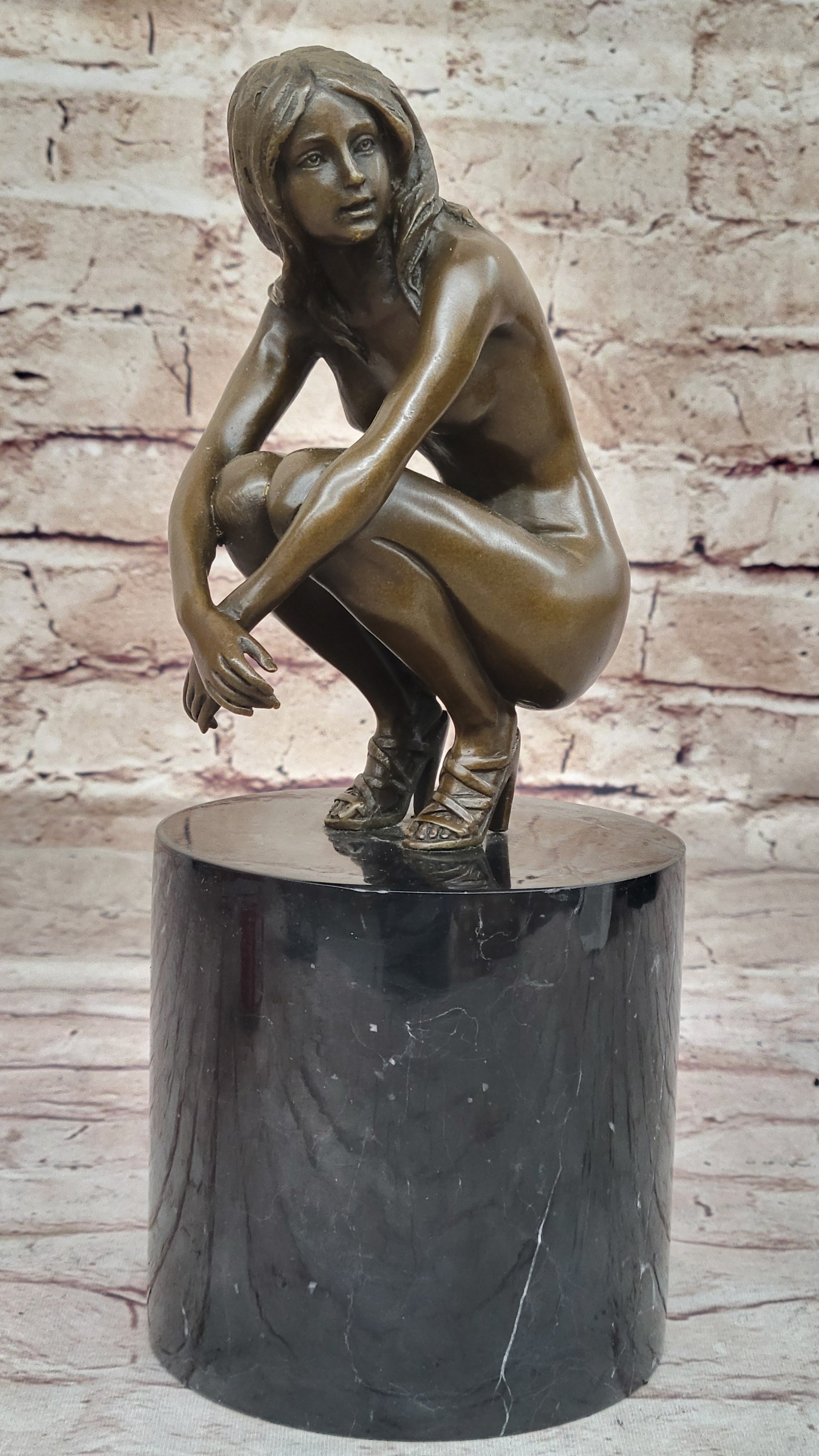 Nude Crouching Sexy Girl Hot Cast Bronze Sculpture by Milo on Marble Base