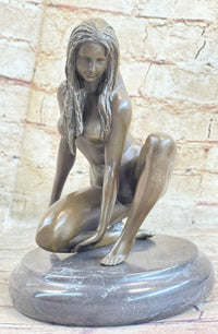 Crouching Sexy Nude Female Figure Signed Original Bronze Sculpture Statue on Marble Base