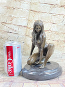 Crouching Sexy Nude Female Figure Signed Original Bronze Sculpture Statue on Marble Base