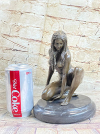 Crouching Sexy Nude Female Figure Signed Original Bronze Sculpture Statue on Marble Base