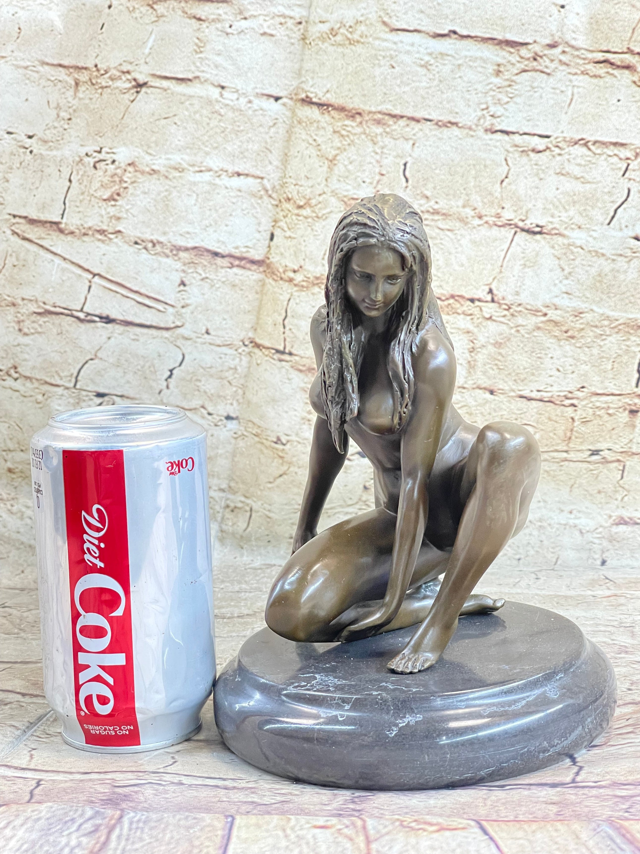 Crouching Sexy Nude Female Figure Signed Original Bronze Sculpture Statue on Marble Base