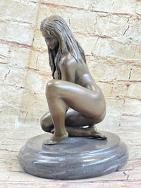 Crouching Sexy Nude Female Figure Signed Original Bronze Sculpture Statue on Marble Base