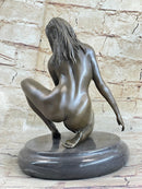 Crouching Sexy Nude Female Figure Signed Original Bronze Sculpture Statue on Marble Base