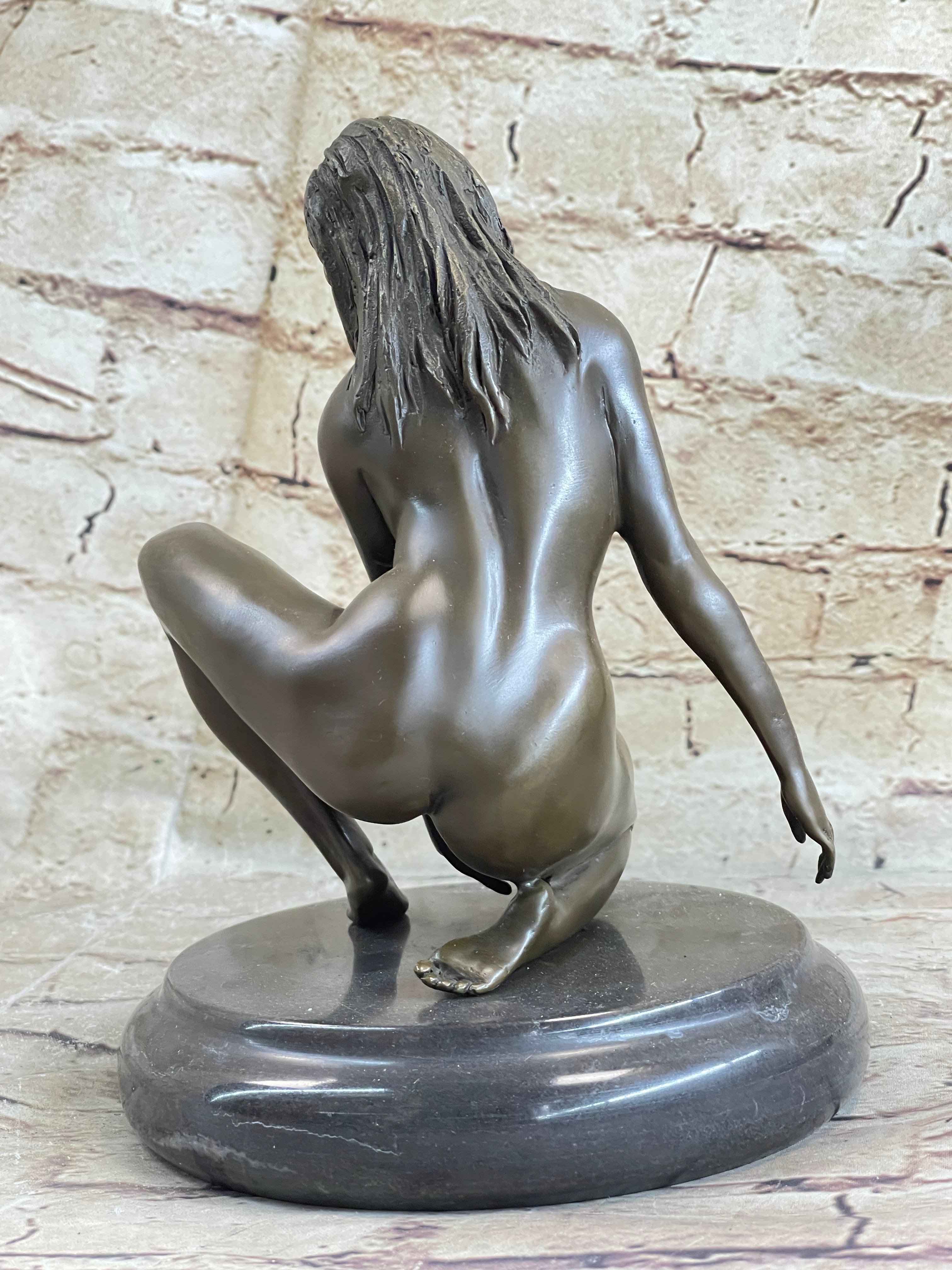 Crouching Sexy Nude Female Figure Signed Original Bronze Sculpture Statue on Marble Base