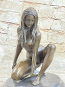 Crouching Sexy Nude Female Figure Signed Original Bronze Sculpture Statue on Marble Base