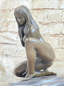 Crouching Sexy Nude Female Figure Signed Original Bronze Sculpture Statue on Marble Base