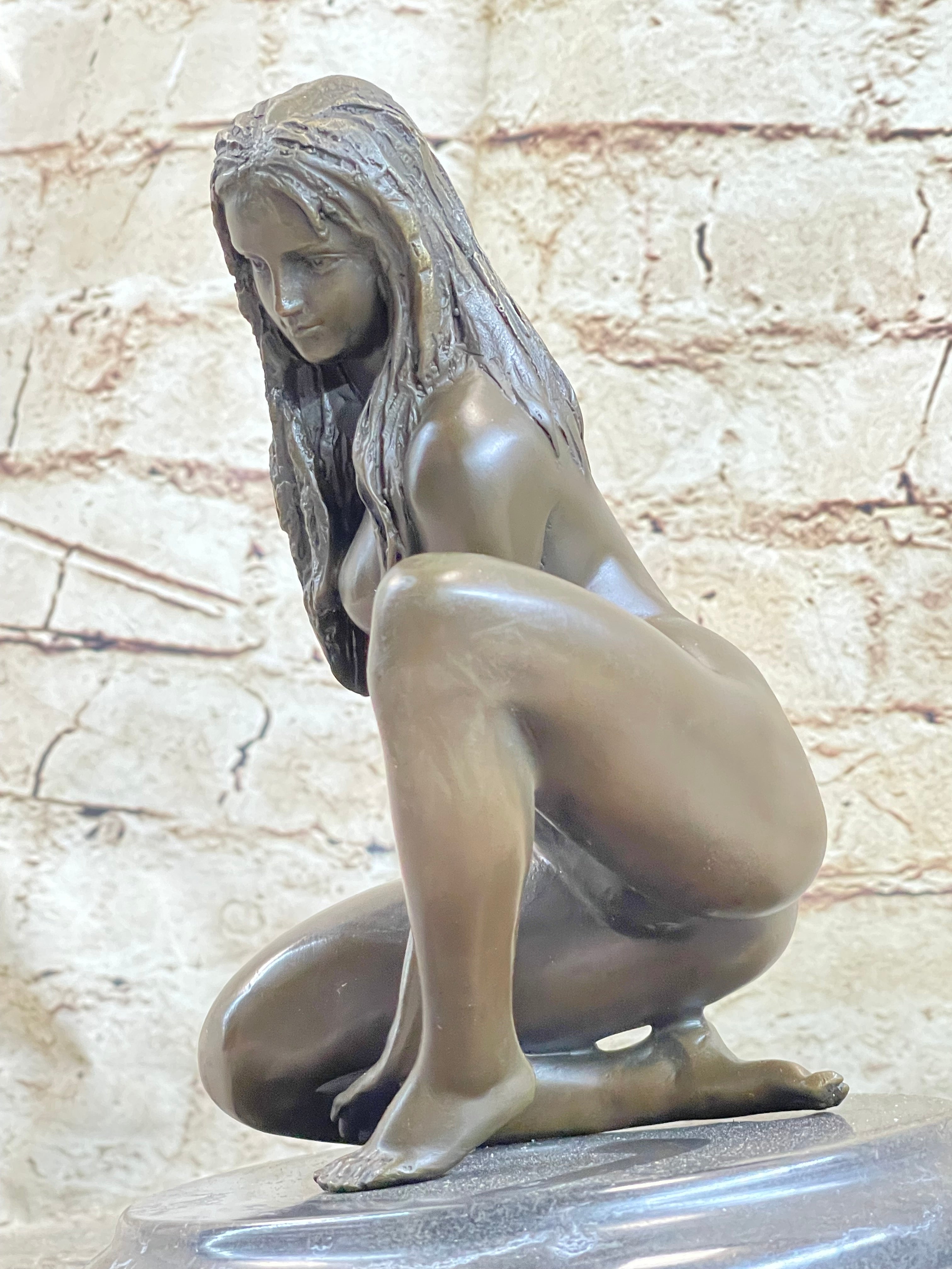 Crouching Sexy Nude Female Figure Signed Original Bronze Sculpture Statue on Marble Base