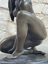 Crouching Sexy Nude Female Figure Signed Original Bronze Sculpture Statue on Marble Base