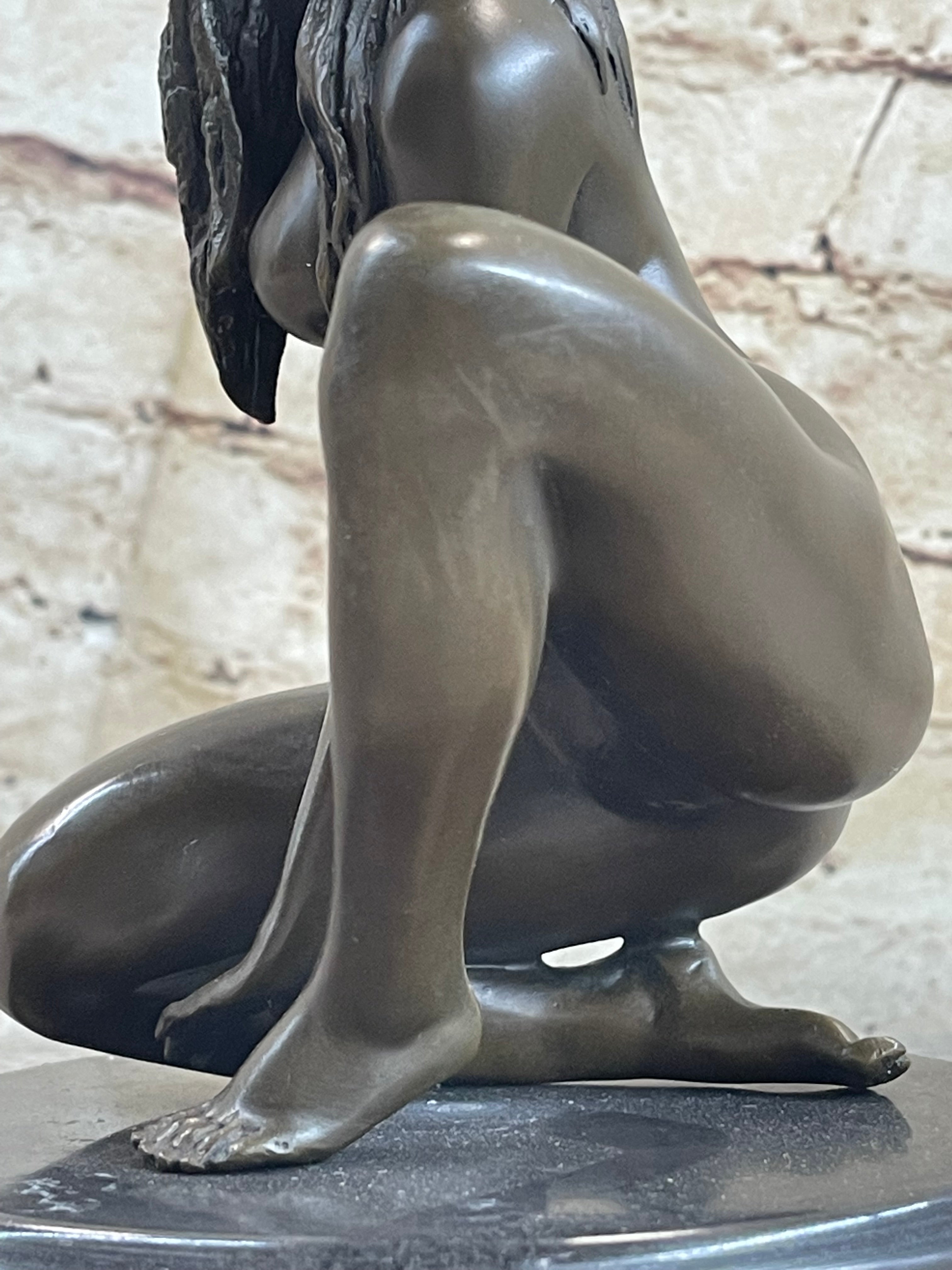 Crouching Sexy Nude Female Figure Signed Original Bronze Sculpture Statue on Marble Base