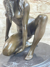 Crouching Sexy Nude Female Figure Signed Original Bronze Sculpture Statue on Marble Base