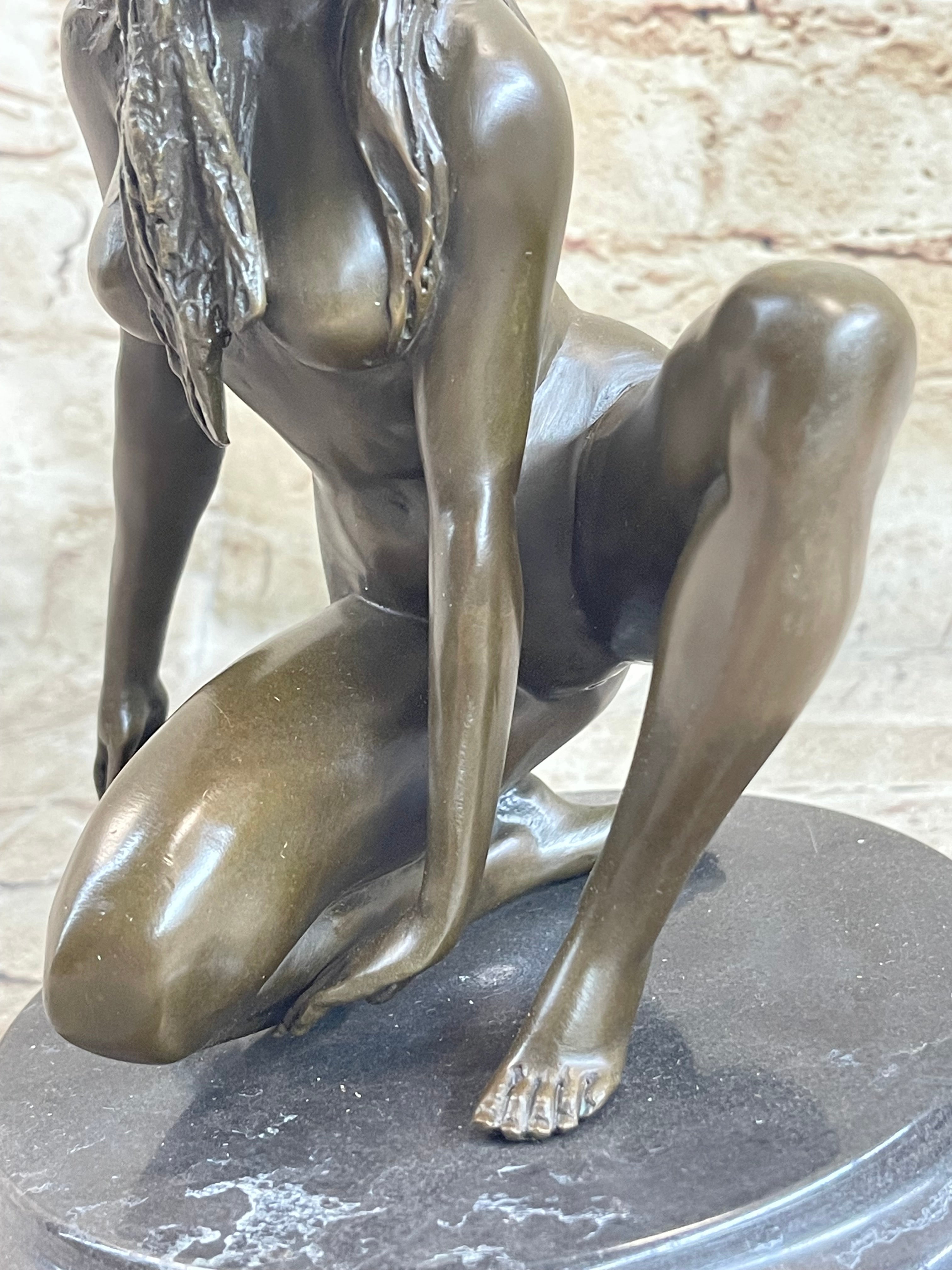 Crouching Sexy Nude Female Figure Signed Original Bronze Sculpture Statue on Marble Base