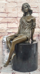 Milo Semi Nude Seated Bronze Woman in Draped Dress – Graceful Figurine on Marble Pedestal