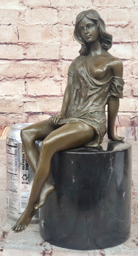 Milo Semi Nude Seated Bronze Woman in Draped Dress – Graceful Figurine on Marble Pedestal