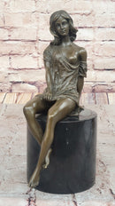 Milo Semi Nude Seated Bronze Woman in Draped Dress – Graceful Figurine on Marble Pedestal