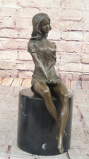 Milo Semi Nude Seated Bronze Woman in Draped Dress – Graceful Figurine on Marble Pedestal