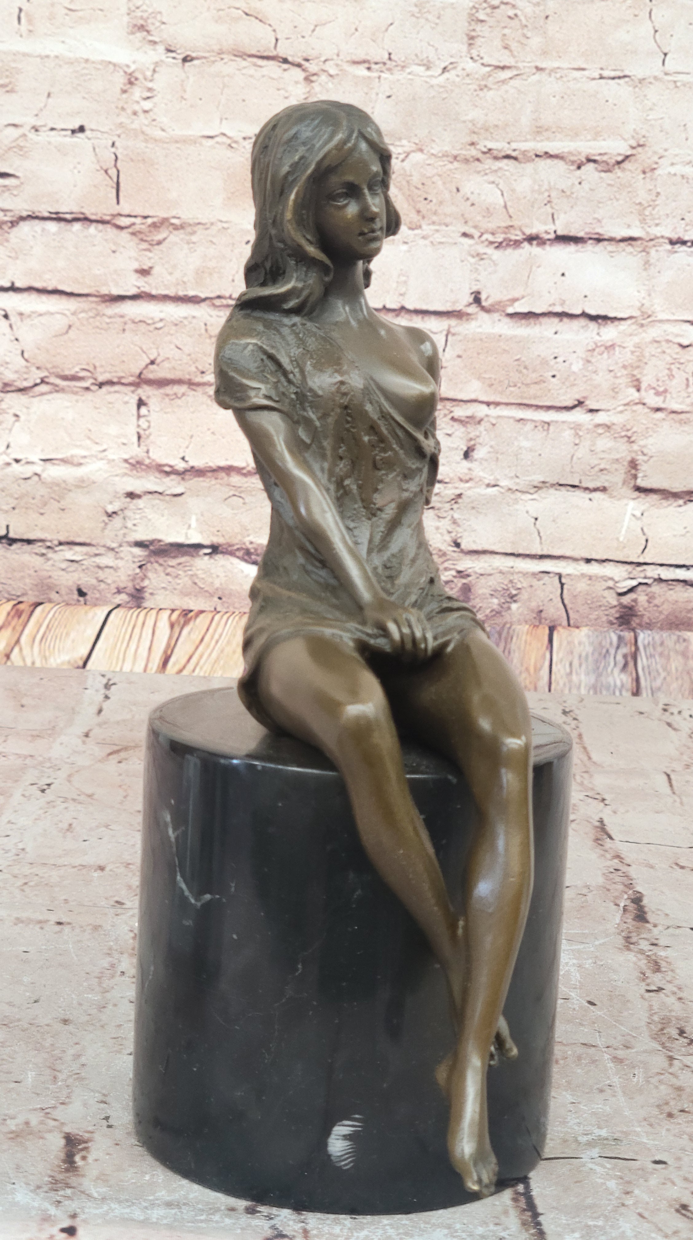 Milo Semi Nude Seated Bronze Woman in Draped Dress – Graceful Figurine on Marble Pedestal