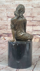 Milo Semi Nude Seated Bronze Woman in Draped Dress – Graceful Figurine on Marble Pedestal