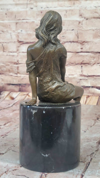 Milo Semi Nude Seated Bronze Woman in Draped Dress – Graceful Figurine on Marble Pedestal