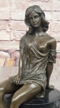Milo Semi Nude Seated Bronze Woman in Draped Dress – Graceful Figurine on Marble Pedestal