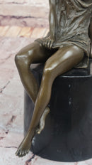 Milo Semi Nude Seated Bronze Woman in Draped Dress – Graceful Figurine on Marble Pedestal
