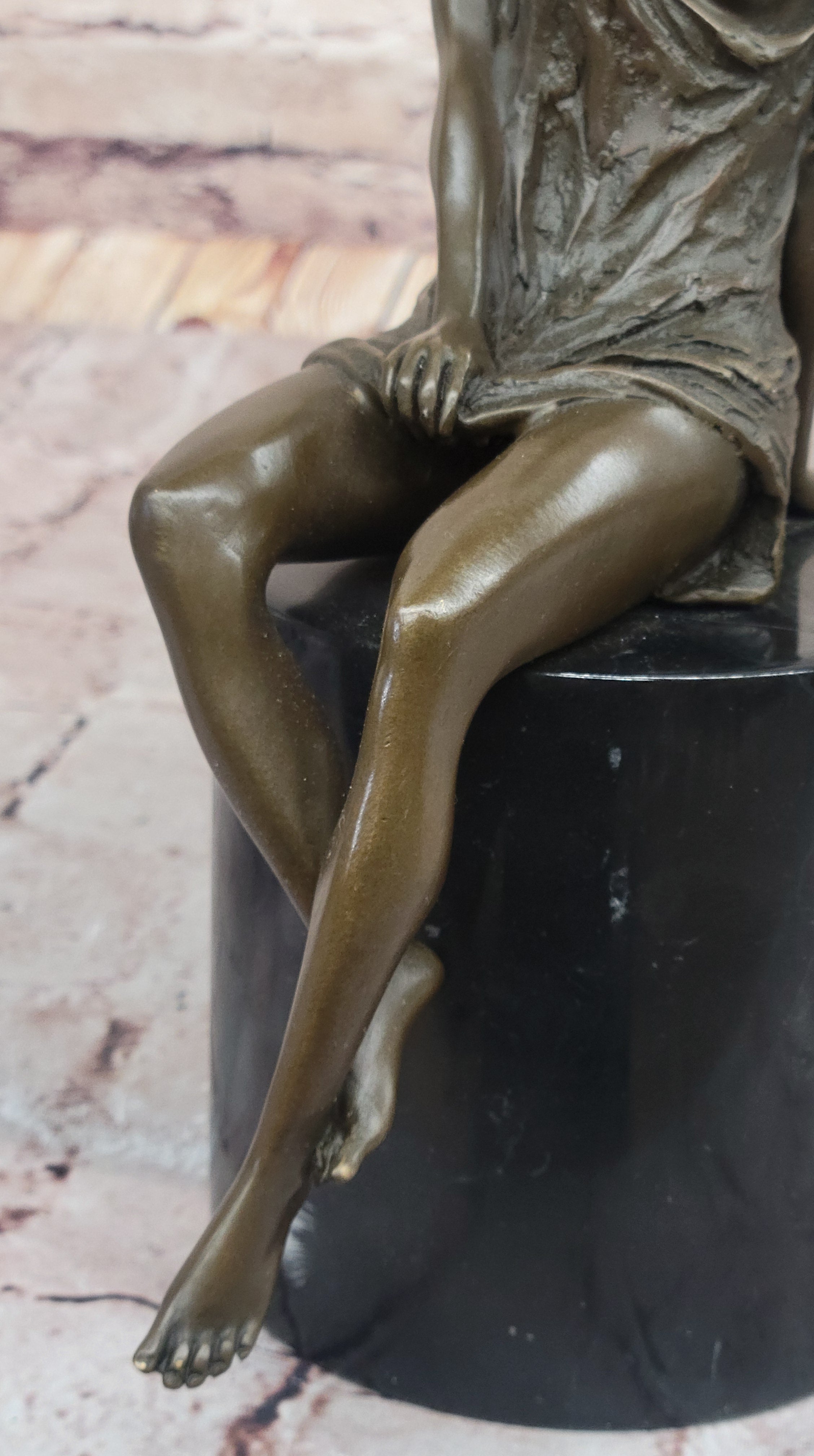 Milo Semi Nude Seated Bronze Woman in Draped Dress – Graceful Figurine on Marble Pedestal