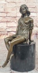 Milo Semi Nude Seated Bronze Woman in Draped Dress – Graceful Figurine on Marble Pedestal