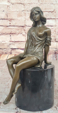 Milo Semi Nude Seated Bronze Woman in Draped Dress – Graceful Figurine on Marble Pedestal