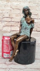 Sexy Semi Nude Girl - Bronze Sculpture Figure on Marble Base by Milo w/ Green Patina