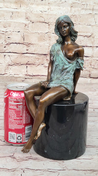 Sexy Semi Nude Girl - Bronze Sculpture Figure on Marble Base by Milo w/ Green Patina
