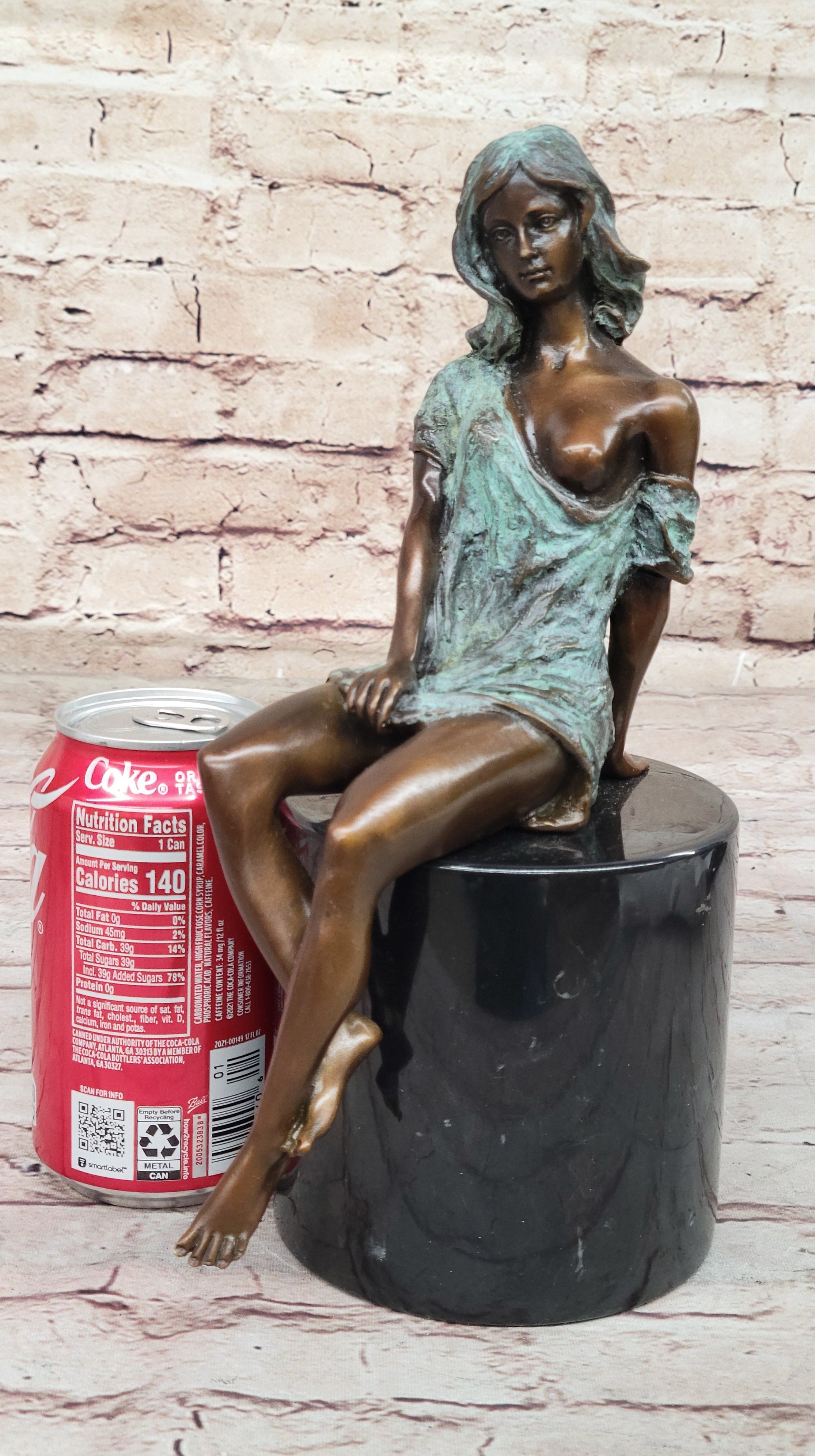 Sexy Semi Nude Girl - Bronze Sculpture Figure on Marble Base by Milo w/ Green Patina