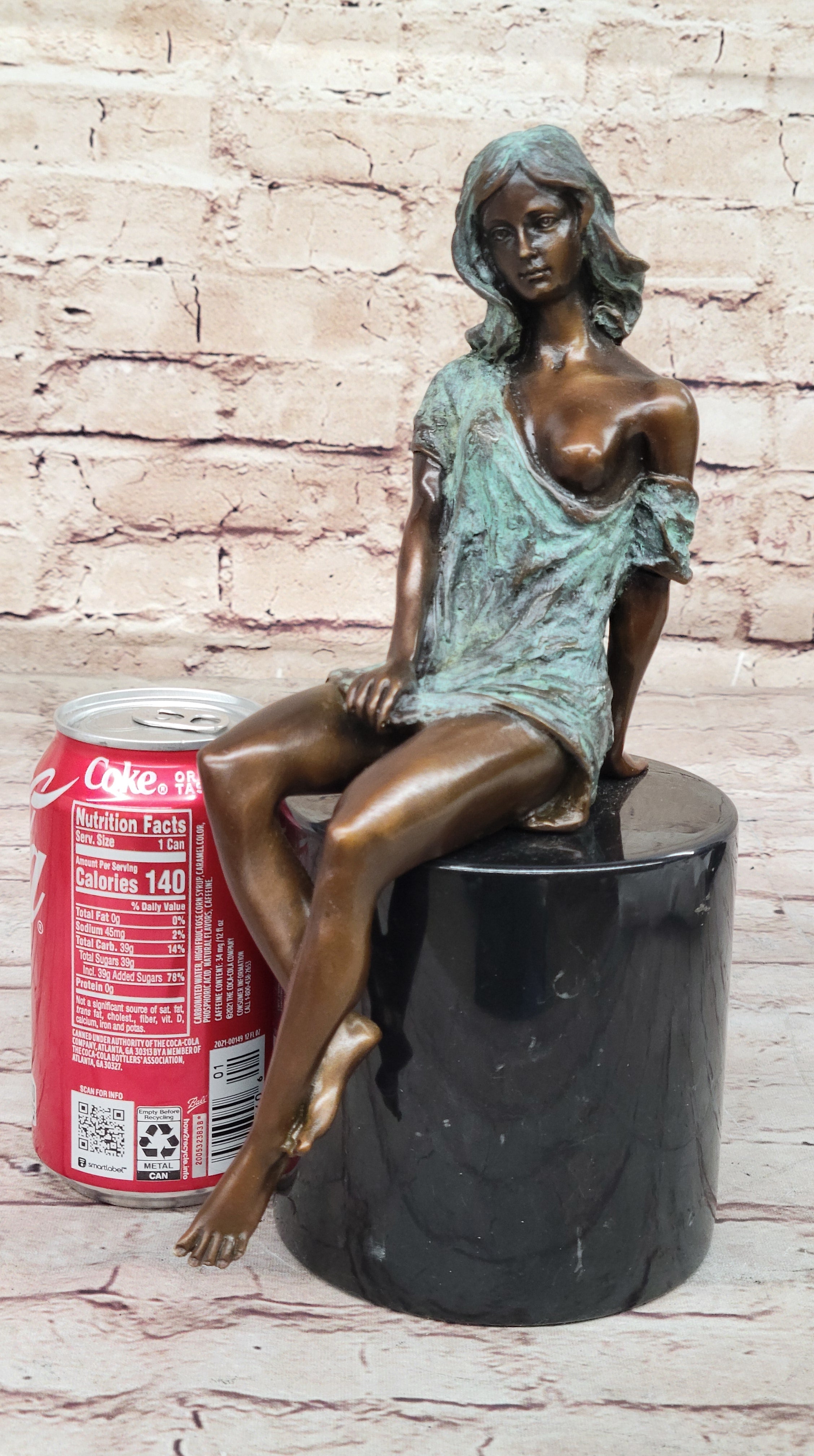 Sexy Semi Nude Girl - Bronze Sculpture Figure on Marble Base by Milo w/ Green Patina