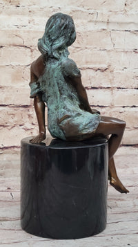 Sexy Semi Nude Girl - Bronze Sculpture Figure on Marble Base by Milo w/ Green Patina