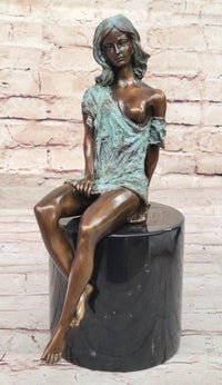 Sexy Semi Nude Girl - Bronze Sculpture Figure on Marble Base by Milo w/ Green Patina