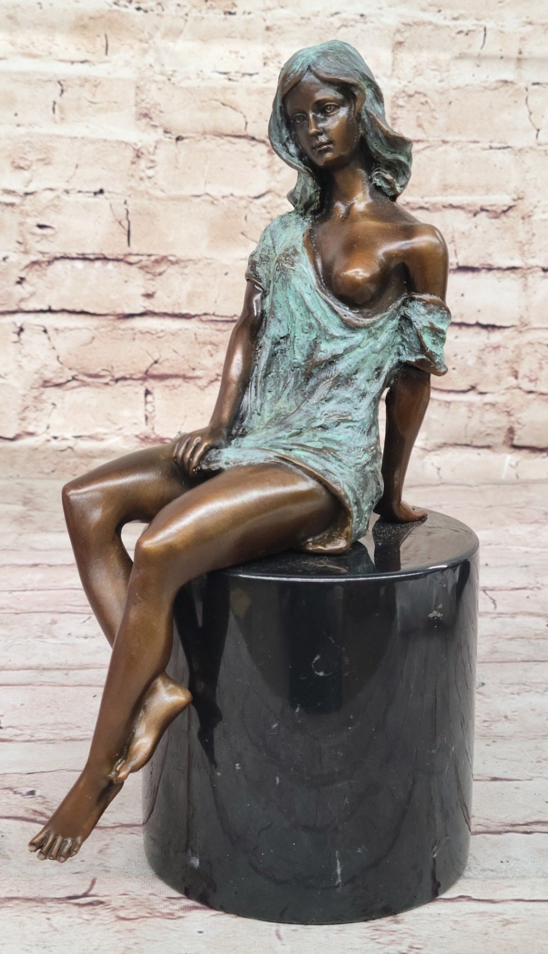 Sexy Semi Nude Girl - Bronze Sculpture Figure on Marble Base by Milo w/ Green Patina