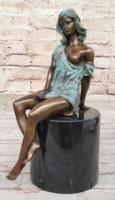 Sexy Semi Nude Girl - Bronze Sculpture Figure on Marble Base by Milo w/ Green Patina